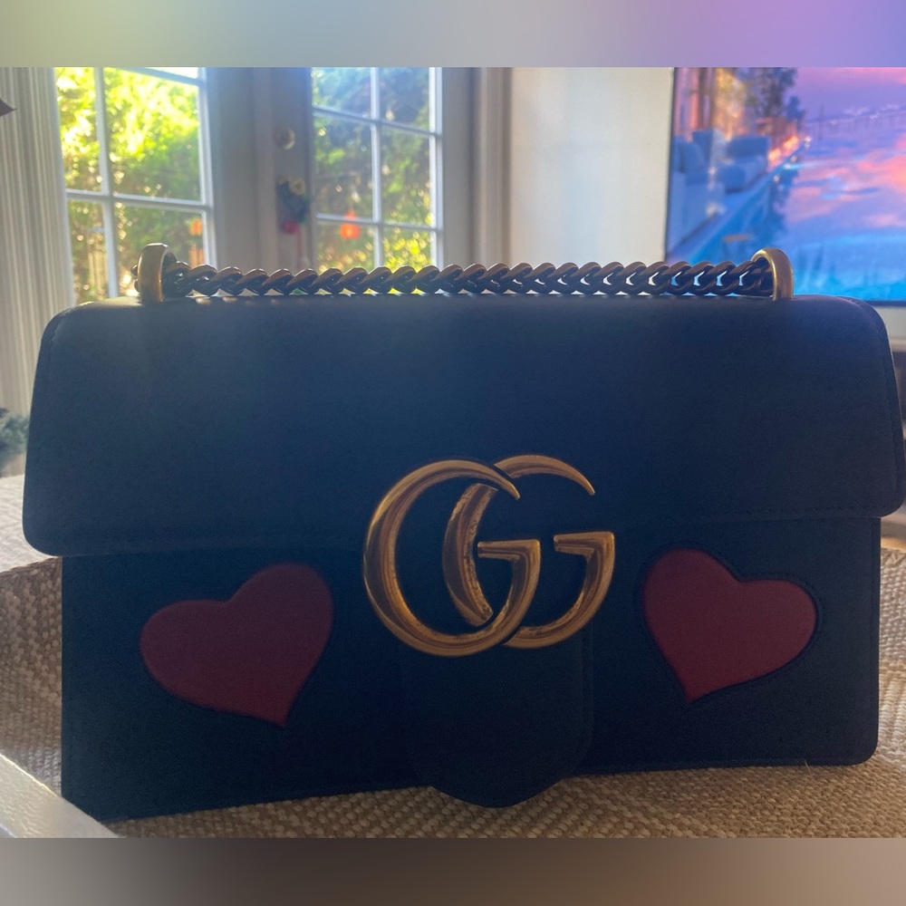 Gucci Black Leather GG Marmont Heart Shoulder Bag